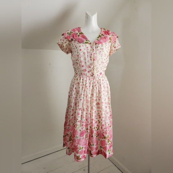 50s Vintage Nelly Don Pink & White Floral Tea Dress With Flat Collar - Picture 4 of 16